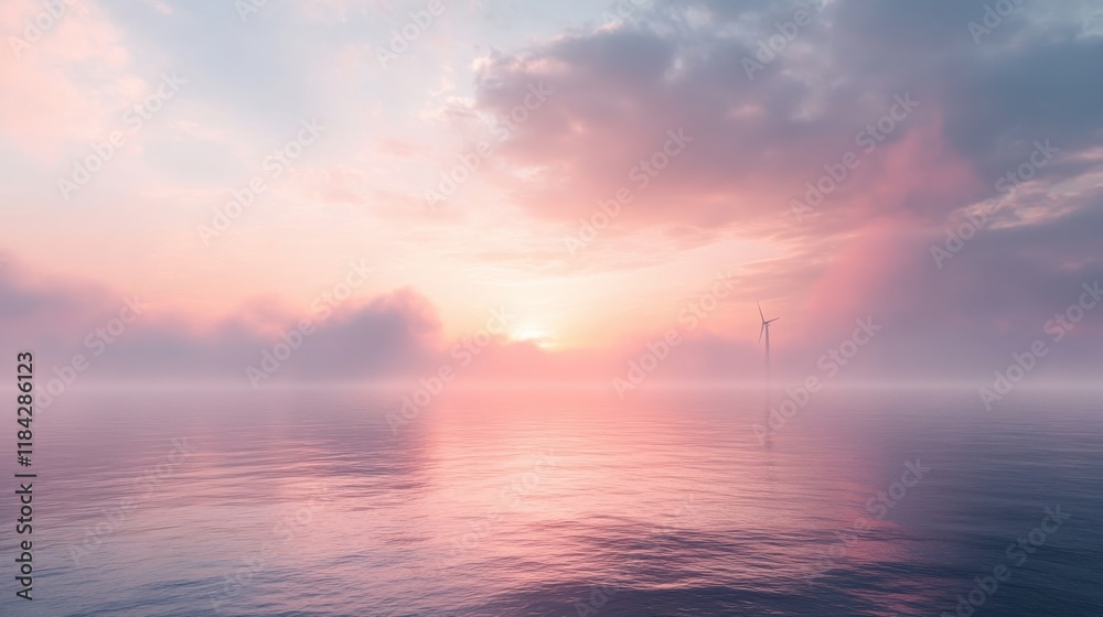 Fototapeta premium A serene sunset over calm waters, blending soft pinks and blues, with a misty atmosphere creating a tranquil and picturesque seascape.