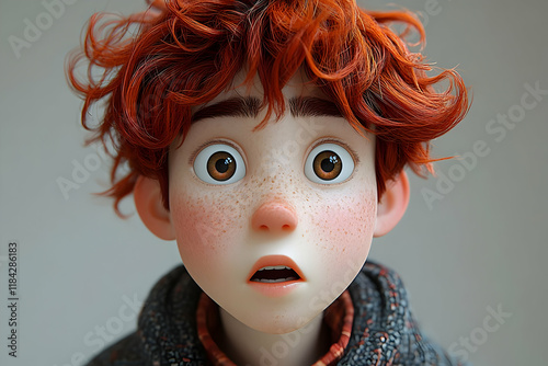 Close-up portrait of a surprised young boy with red curly hair and freckles, showing a mix of fear and wonder in his big brown eyes photo