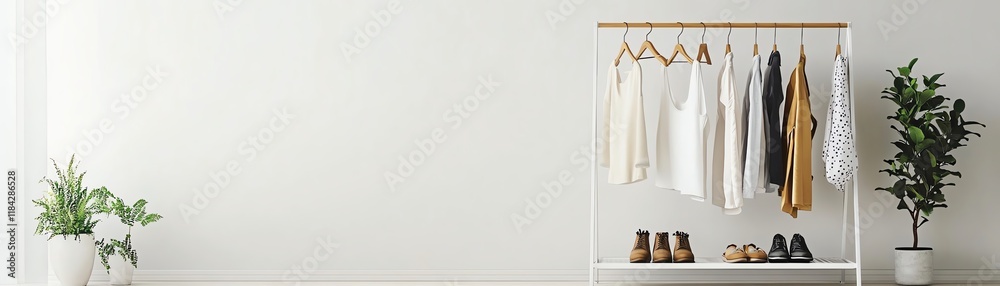 Minimalist clothing rack with plants in a bright, airy interior space. Minimalist clothing rack with plants in a bright, airy interior space.
