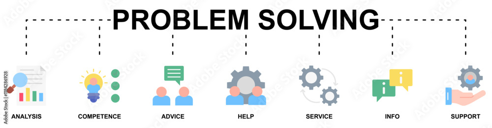 Problem solving banner web icon vector illustration concept with icon of analysis, competence, advice, help, service, info, support Problem solving banner web icon vector illustration concept with icon of analysis, competence, advice, help, service, info, support