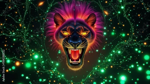 A colorful lion with glowing eyes and a mouth full of teeth. The image is a neon green and purple color scheme photo