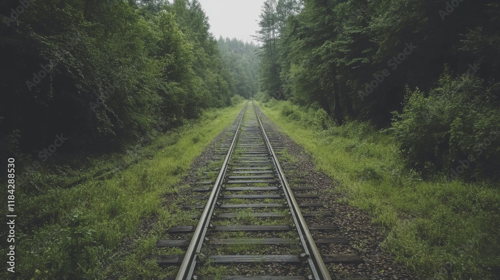 Train tracks disappearing into a lush green forest. Train tracks disappearing into a lush green forest.