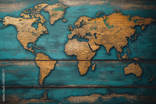 World map on wooden texture. generative AI