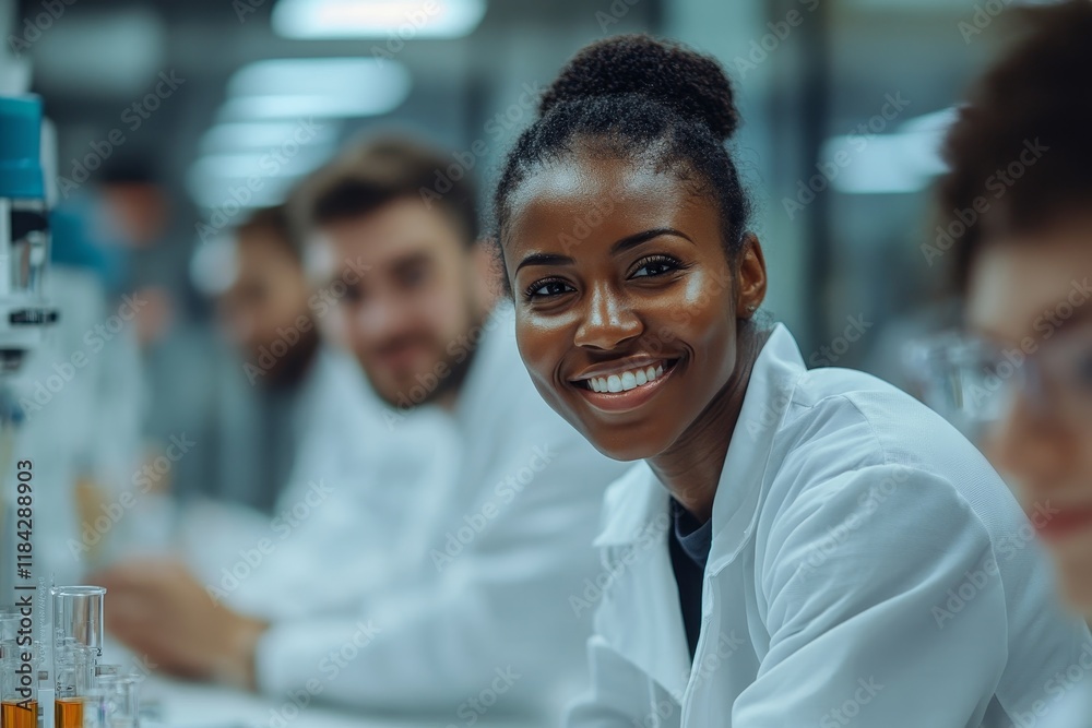 Happy black biochemist working with her colleagues in lab and looking at camera. Generative AI Happy black biochemist working with her colleagues in lab and looking at camera. Generative AI