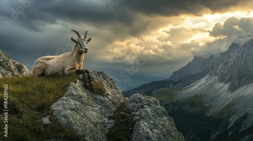 Wide shot of magnificent alpine landscape with stormy clouds, single goat on grassy peak. Dramatic contrast of nature's grandeur and wild side. photo