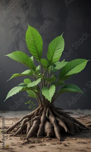 Detailed animation of green cassava leaves unfolding from a root, cassava leaf animation, botanical animation