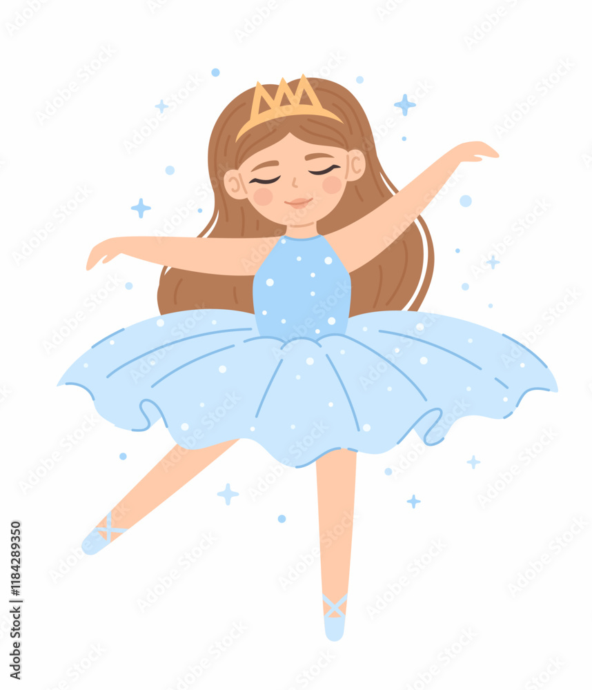 Fototapeta premium Dancing cute princess ballerina in a blue dress. Flat vector illustration.
