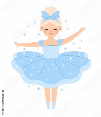 Dancing princess ballerina in a blue dress. Flat vector illustration.