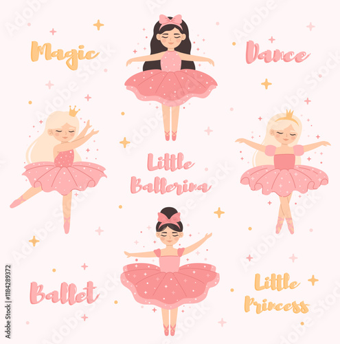 Set of cute girls ballerinas. Princess ballerinas dance. Flat vector illustration.