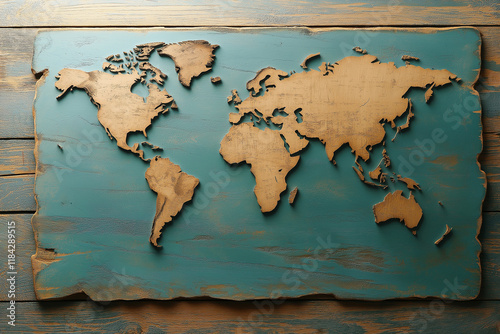 World map on wooden texture. generative AI