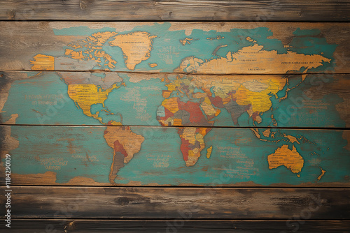 World map on wooden texture. generative AI