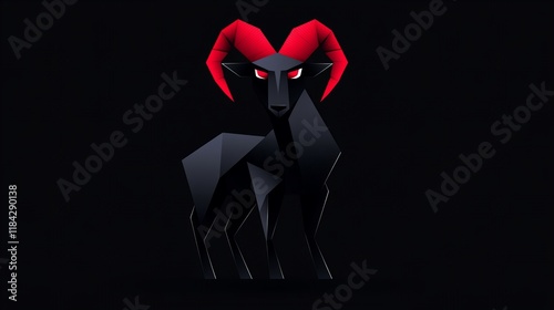 Geometric ram with red horns stands against a black background.  Dark, mysterious, and bold graphic design. photo