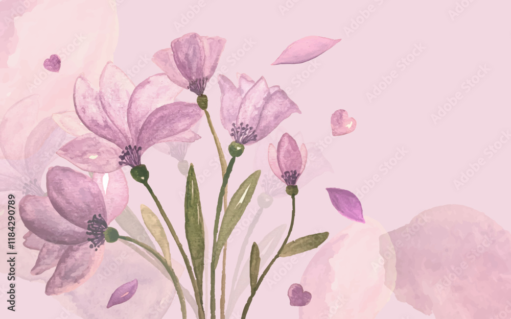 Background frame with violet flowers and leaves in watercolour style in vector. Background frame with violet flowers and leaves in watercolour style in vector.