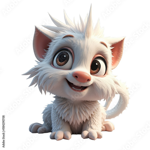 A white, fluffy cartoon cat with big eyes and a pink nose