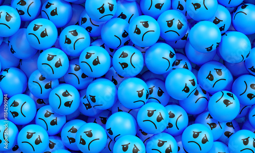 Blue Monday concept with a pile of blue sad face balls