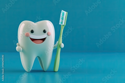 cheerful 3d cartoon tooth holding toothbrush with big smile on bright blue solid background photo