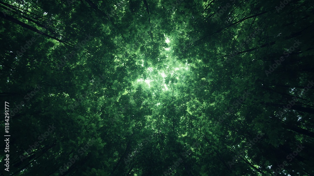 Lush Rainforest Canopy Viewed from Below with Verdant Foliage and Serene Atmosphere Lush Rainforest Canopy Viewed from Below with Verdant Foliage and Serene Atmosphere