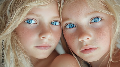 Close-up portrait of two young girls with blue eyes looking at the camera. Childhood and innocence concept