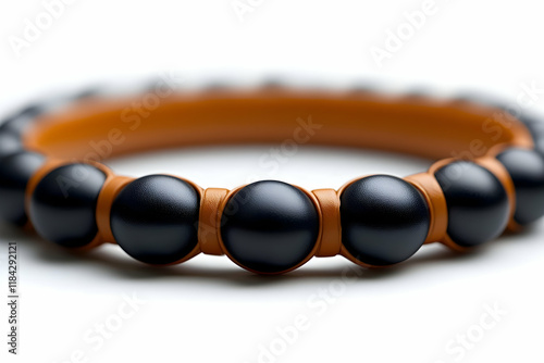 Close-up of a Modern Brown and Black Beaded Bracelet on White Background