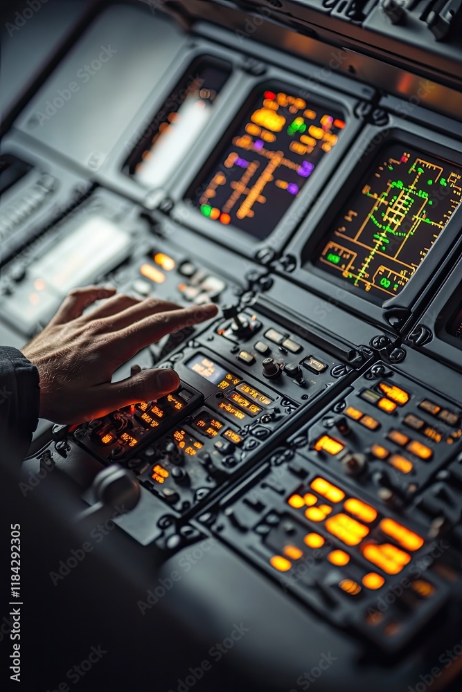 close-up of pilot hand on aircraft control panel with glowing buttons and navigation screens visible close-up of pilot hand on aircraft control panel with glowing buttons and navigation screens visible