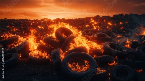 Burning Tires in an Open Landfill at Sunset