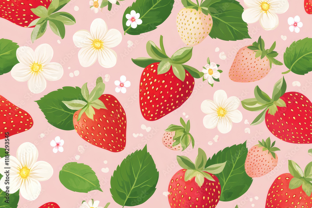 Strawberry and flowers hand drawn seamless pattern. Cute summer background Strawberry and flowers hand drawn seamless pattern. Cute summer background