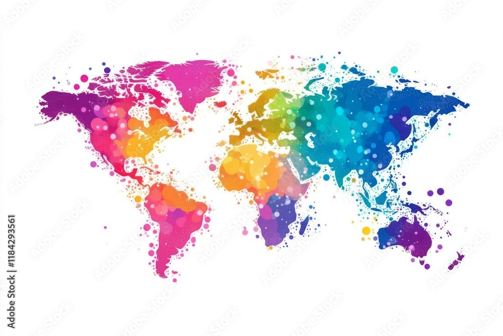 Fototapeta premium Abstract colorful world map with global network connections on white. Vector illustration, bold lines, flat colors, minimalism.
