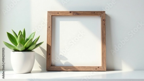 Rustic wooden frame mockup with a succulent plant in a white pot on a bright surface