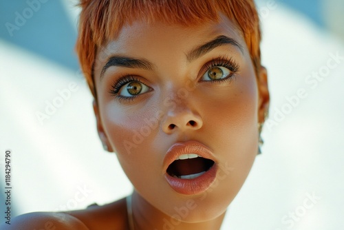 Commercial digital ads creative. Attractive very startled mixed-race girl - for ads, flyer and internet use. Short haircut - highlighted hair. Short hair fashion. Short hair concept ad.