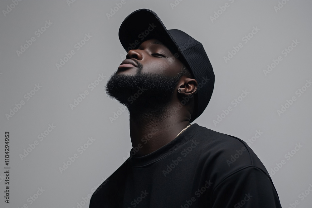 Young african man in black cap and shirt with upward gaze on gray background Young african man in black cap and shirt with upward gaze on gray background