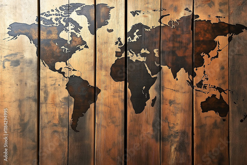 World map on wooden texture. generative AI