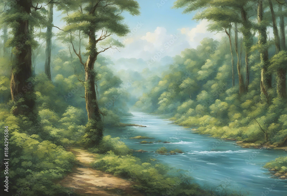 Obraz premium Peaceful river flowing through a lush green forest.