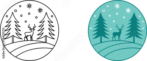 Winter Wonderland Deer Scene Snowy Forest, Reindeer, Pine Trees