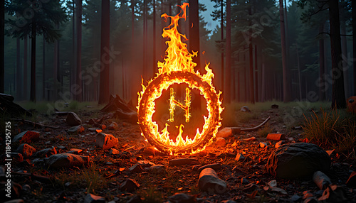 Burning rune Hagalaz in a ring of fire in a magical forest