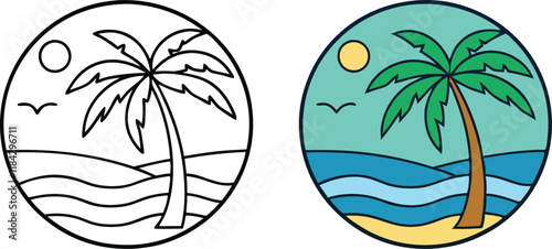 Tropical Beach Scene Palm Tree, Ocean, Sun, Birds, Coloring Page
