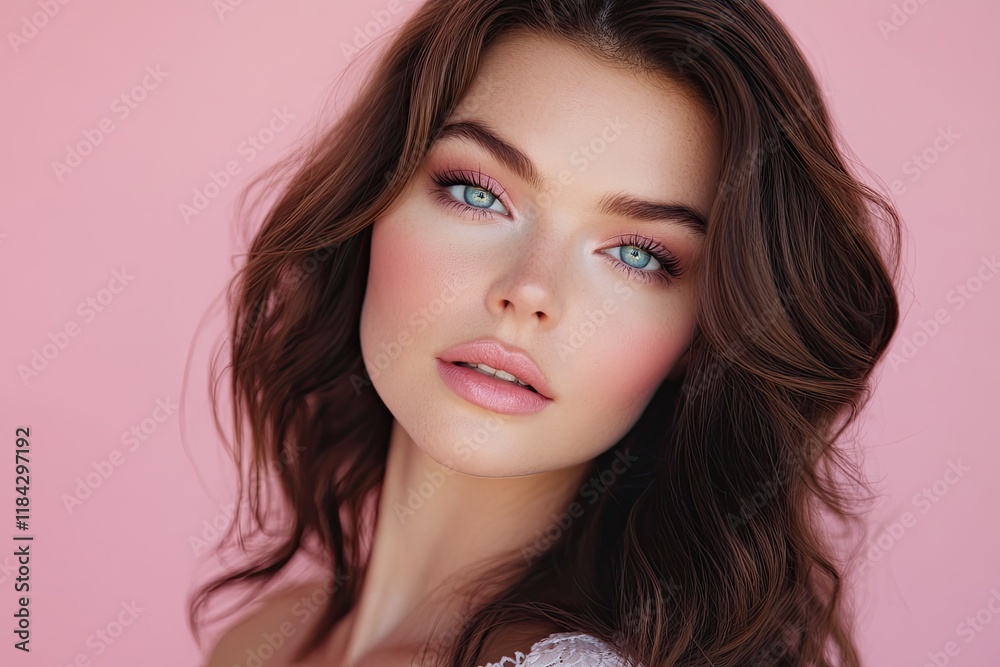Fototapeta premium A beautiful woman with blue eyes and dark brown hair, wearing makeup, poses against a pastel pink background for an aesthetic portrait shoot