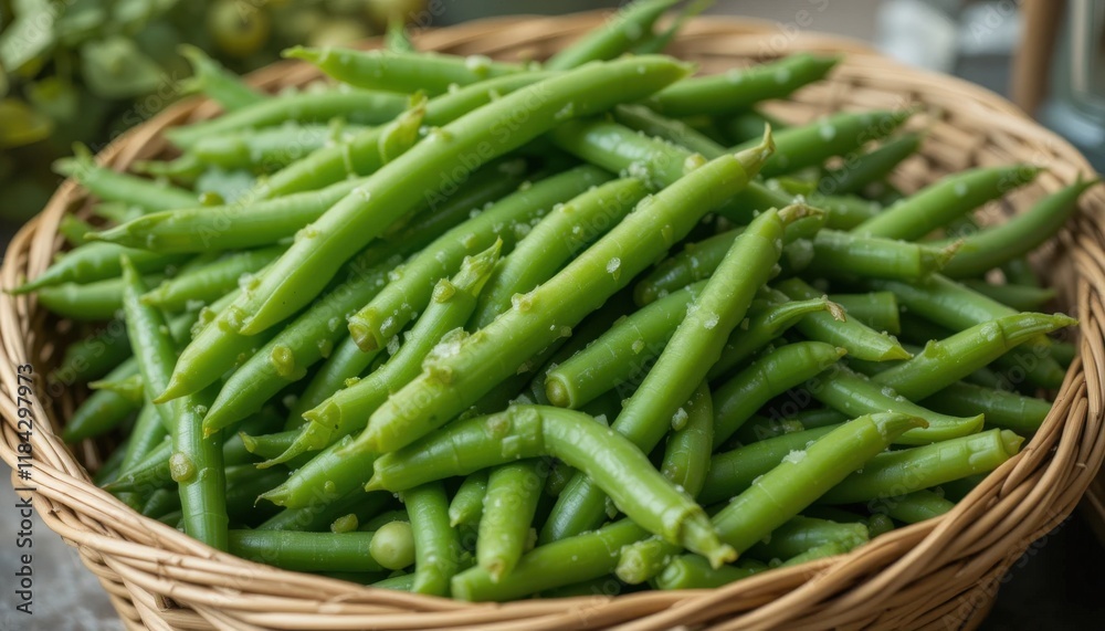 Fresh Green Beans in a Wicker Basket, Ready to Harvest Fresh Green Beans in a Wicker Basket, Ready to Harvest