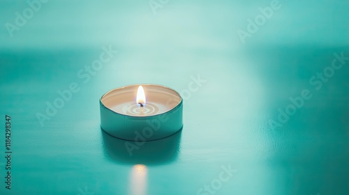 glowing tealight placed on matte turquoise surface surrounded by faint light reflections
