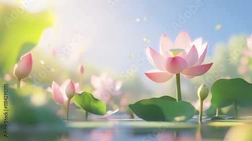 Graceful Lotus Flower in Bright Green Lily Pads