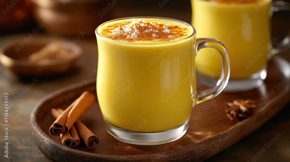 ** Warm Golden Turmeric Latte in Glass Mug with Cinnamon Sticks on Rustic Wooden Table in Cozy Ambient Lighting..** ** Warm Golden Turmeric Latte in Glass Mug with Cinnamon Sticks on Rustic Wooden Table in Cozy Ambient Lighting..**