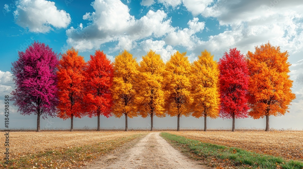 Naklejka premium A vibrant row of autumn trees in various colors along a dirt path under a cloudy sky.