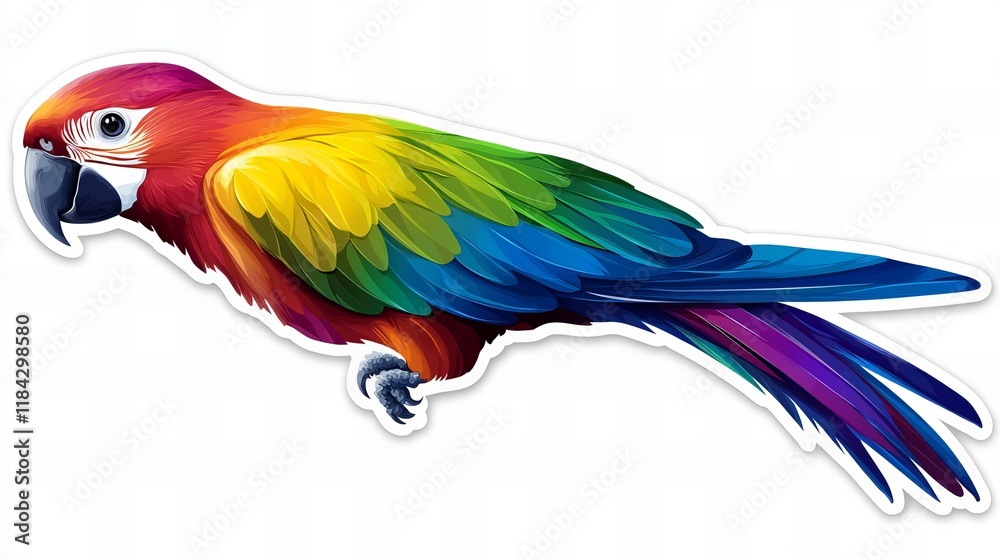 Fototapeta premium Vibrant rainbow macaw parrot in flight, showcasing its colorful plumage against a white background.