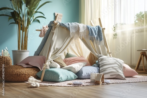 Cozy indoor play tent made with pillows and blankets for children in a sunny room photo