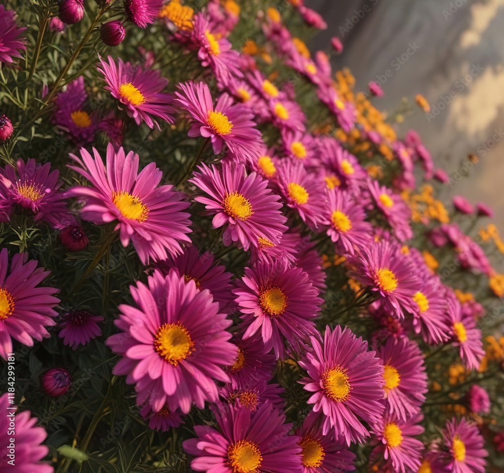 Asters with vibrant magenta petals against a backdrop of golden yellow and burnt orange hues, warm tones, vibrant colors, flowers in autumn Asters with vibrant magenta petals against a backdrop of golden yellow and burnt orange hues, warm tones, vibrant colors, flowers in autumn