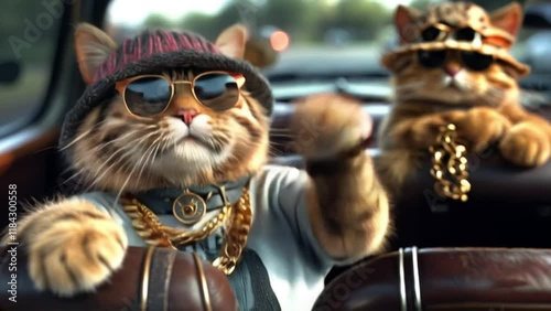 rich, important, fluffy cats in knitted hats and sunglasses, in chains and jewelry, riding in an open car, in a convertible, waving their paws with joy to the music, driving along a city street.