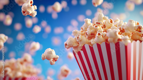 Vibrant close-up of popcorn in a red-and-white striped box with pieces floating against a bright blue background.