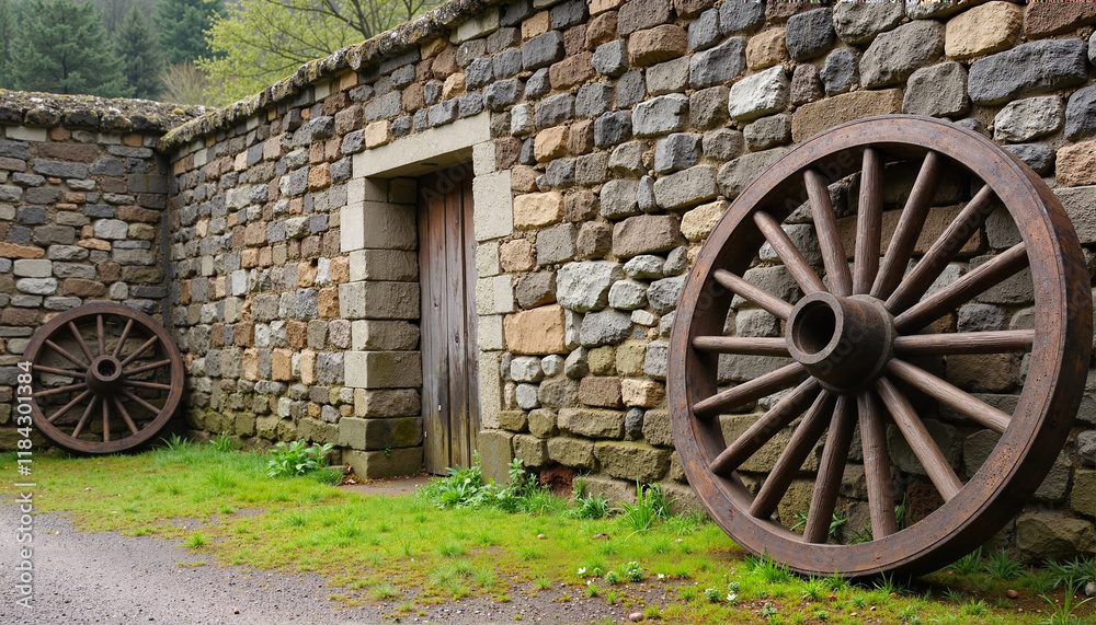 Obraz premium Rustic wooden wheels leaning against a stone wall, Day of Remembrance for the Victims Genocide in World War II
