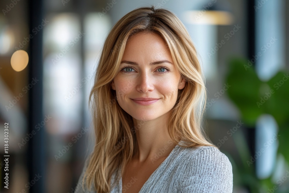 Happy confident businesswoman in office looking at camera. Generative AI