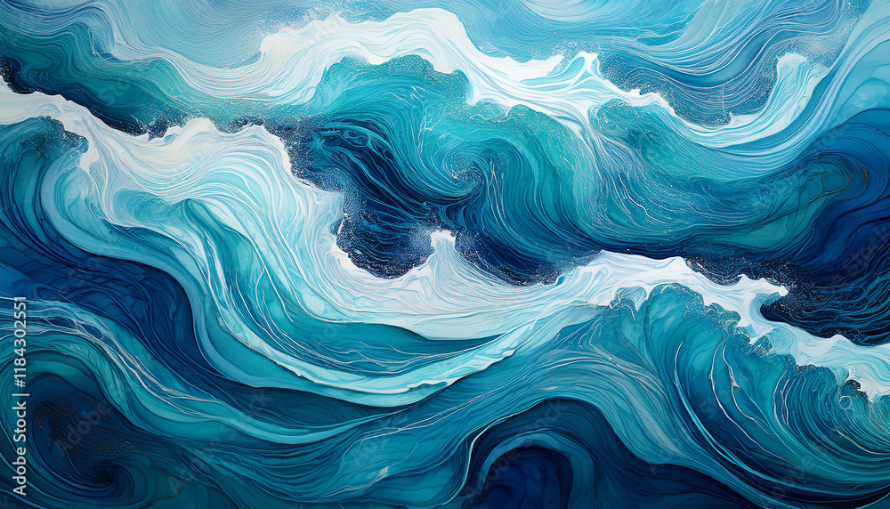 Patterns of turquoise seawater with the movement of waves and foam