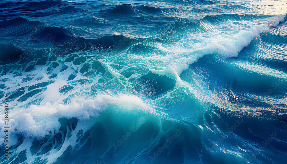 Patterns of turquoise seawater with the movement of waves and foam